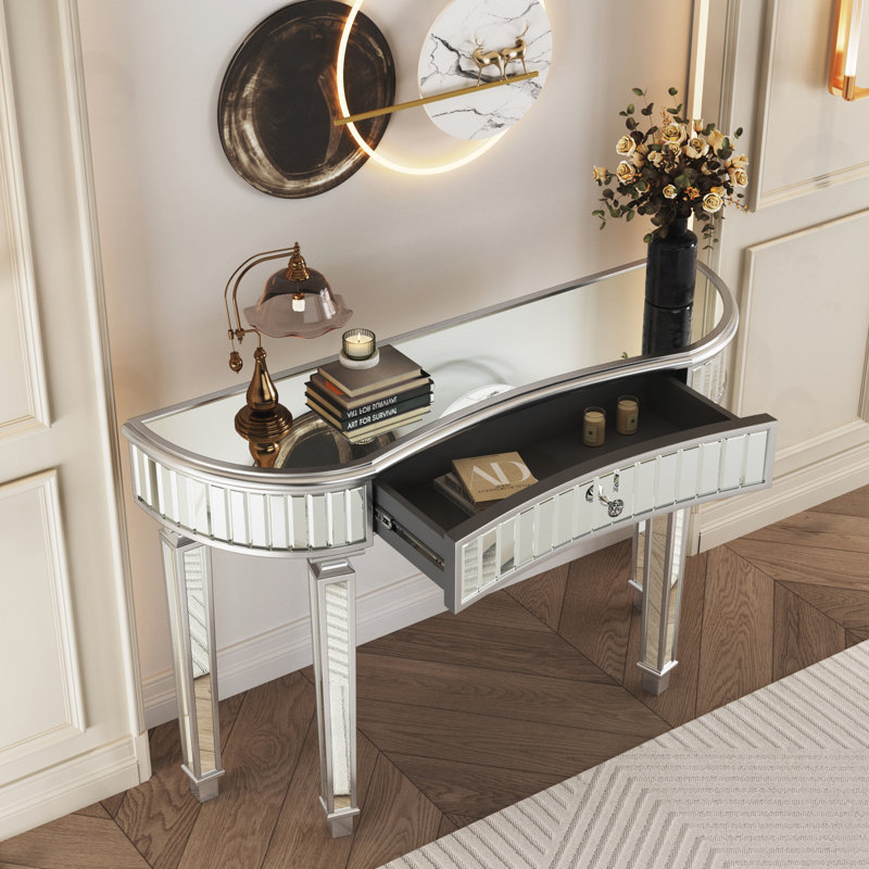 Console en miroir avec tiroir en verre cannelé et poignée en cristal, Argent