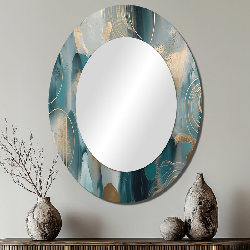 Green Gold Marbled Meditations V - Abstract Oval Decorative Mirror On Metal, 40" x 30"