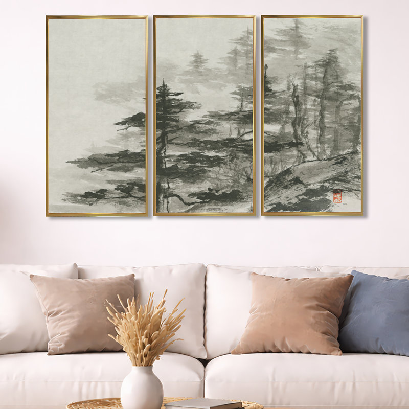 Asian Forest - Cabin & Lodge, ensemble de 3 toiles d'art encadrées, L 36 po x H 20 po, Cadre doré