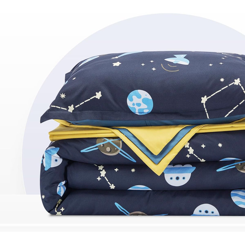 Ensemble de literie pour enfants Space Rocket, Double/Grand, Bleu galaxie bleu / jaune