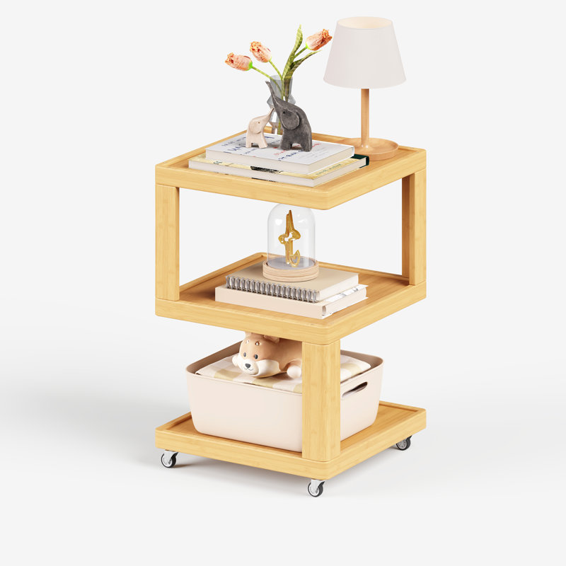 Natural Solid Wood 3-Tier Rolling Side Table,Natural Finish