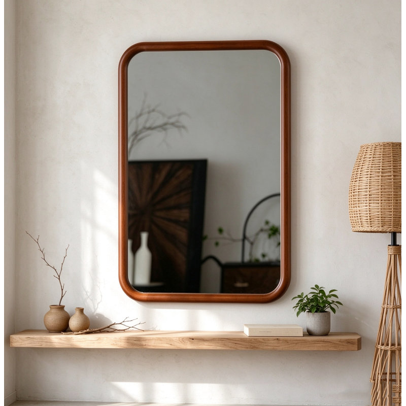 Miroir mural arrondi en bois, miroir mural vintage encadré en bois massif, miroir de coiffeuse décoratif moderne du milieu du siècle pour salle de bain, chambre ou entrée