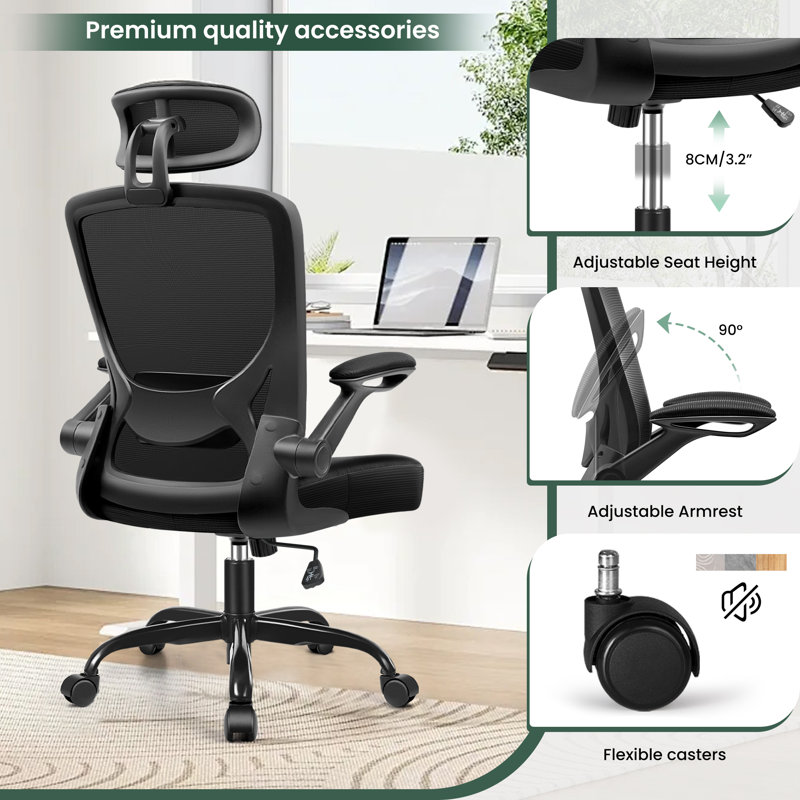 Jemy Task Chair with Headrest, Black, Black