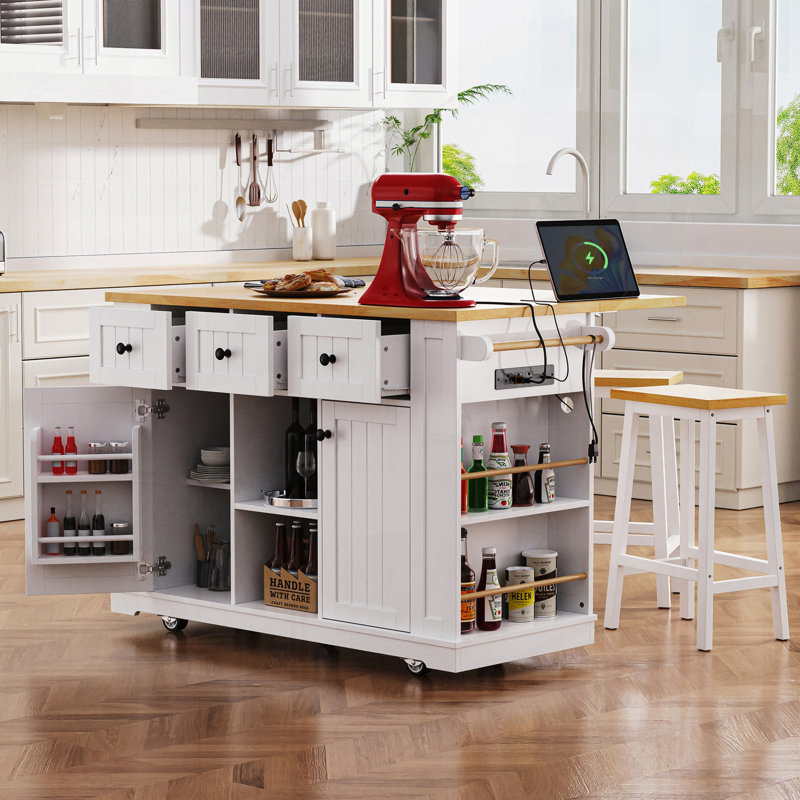 Îlot de cuisine roulant avec prise de courant à rallonge et supports de rangement, Blanc, H 36,4 po x l 53,14 po x P 29,52 po