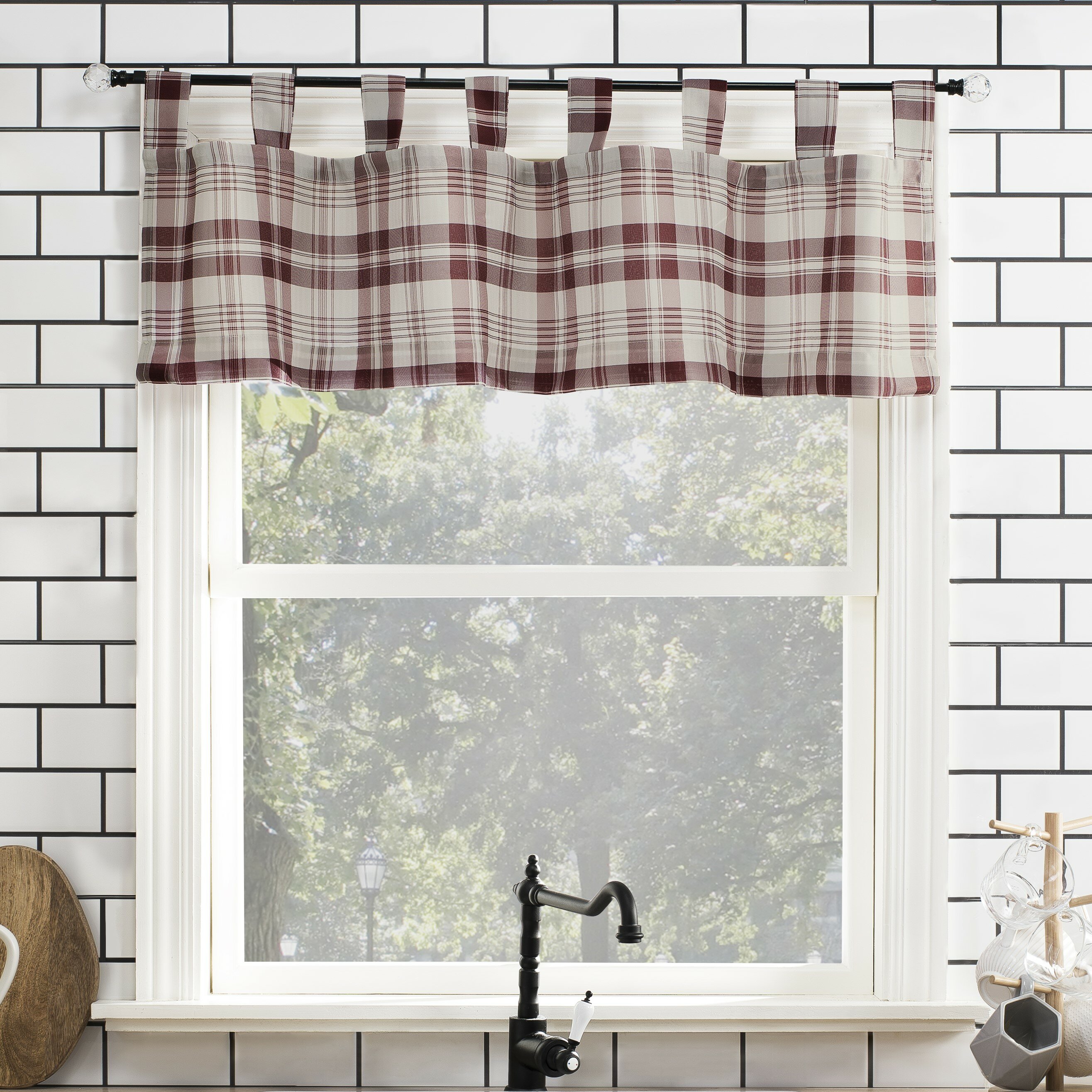 Gracie Oaks Isaak Farmhouse Plaid Semi-Sheer Tab Top Kitchen Curtain ...