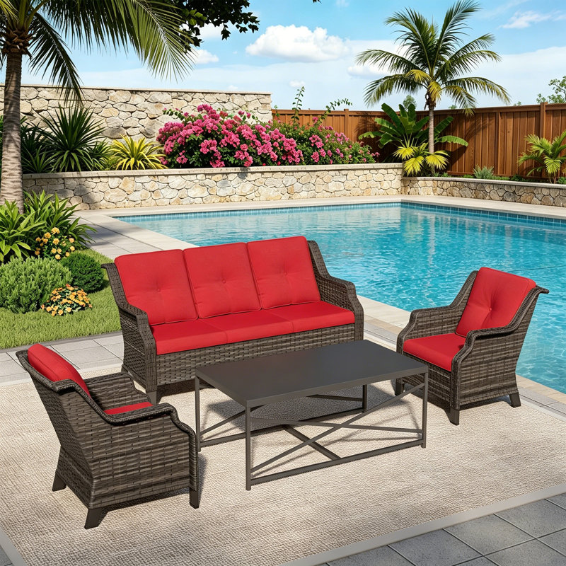 Ensemble de meubles de patio en osier 4 pièces, canapé 3 places, 2 chaises, table basse et coussin rouge, Rouge