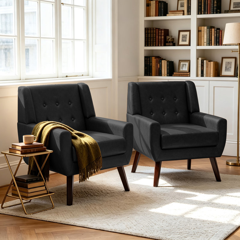 Jaqueze Upholstered Black Faux Leather Tufted Square Arm Accent chair, Black Faux Leather