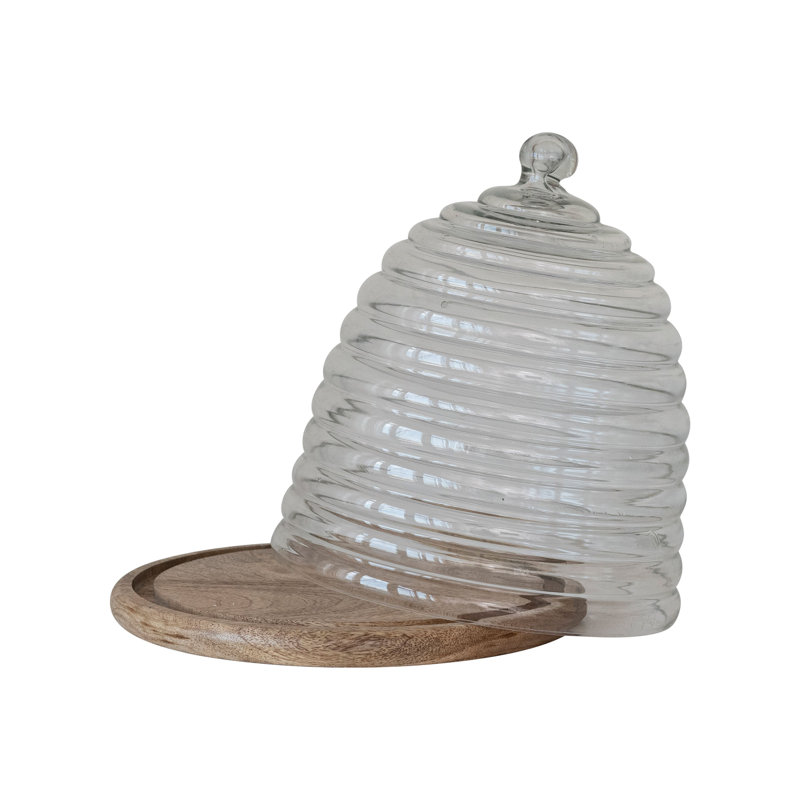 Reclaimed Etched Glass Beehive Shaped Cloche With Mango Wood Base