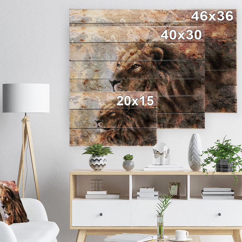 Animal, lion paisible sur toile - Lion paisible, H 36 po x l 46 po x P 1,5 po, Bois