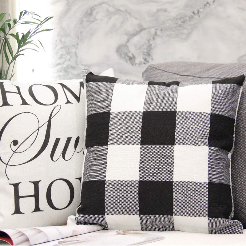 Holiday 2019 Plaid Cotton Blend Pillow Cover, Black, 18" H x 18" W