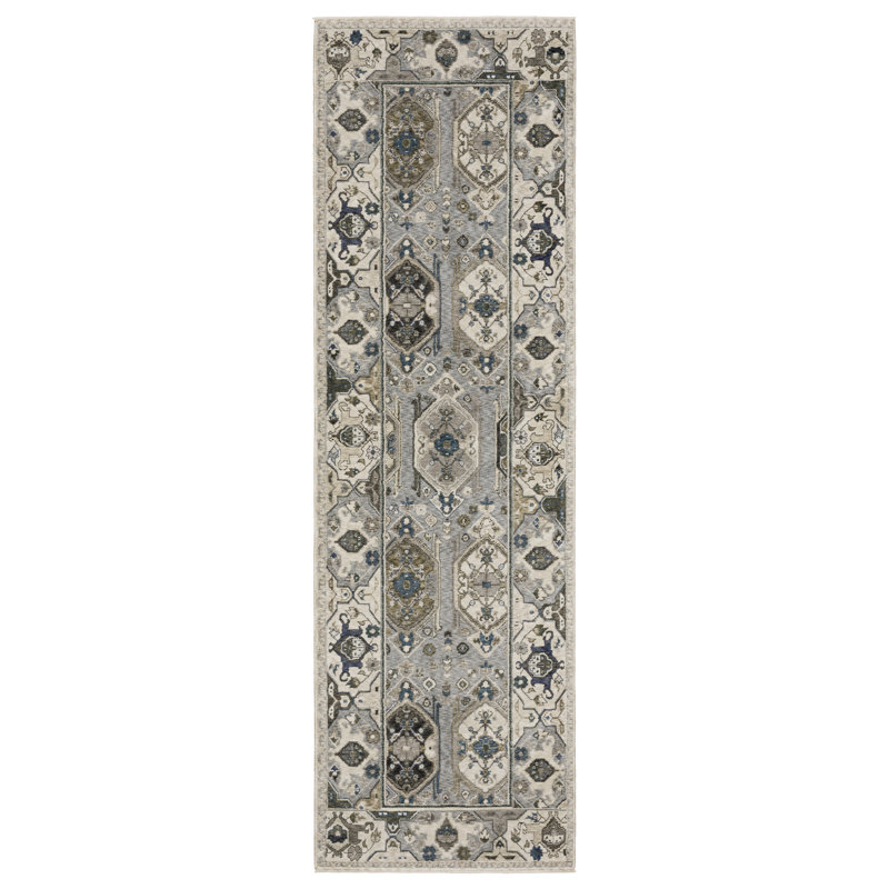 Tapis ivoire / bleu Erlich, Tapis de couloir 2 pi 3 po x 7 pi 6 po
