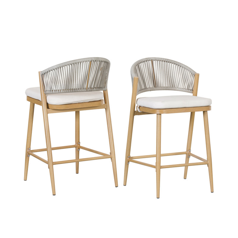 Maple Finish Aluminum and Rattan Outdoor Counter Stools with Cushions, Set of 2