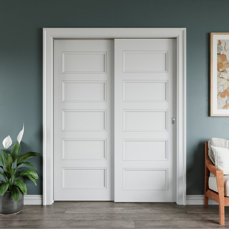 Sliding Bypass Pocket Door Morden Recessed 5 Panelled Sliding Door Solid Core With Privacy Pocket Lock, 60" x 80", Silver, 2