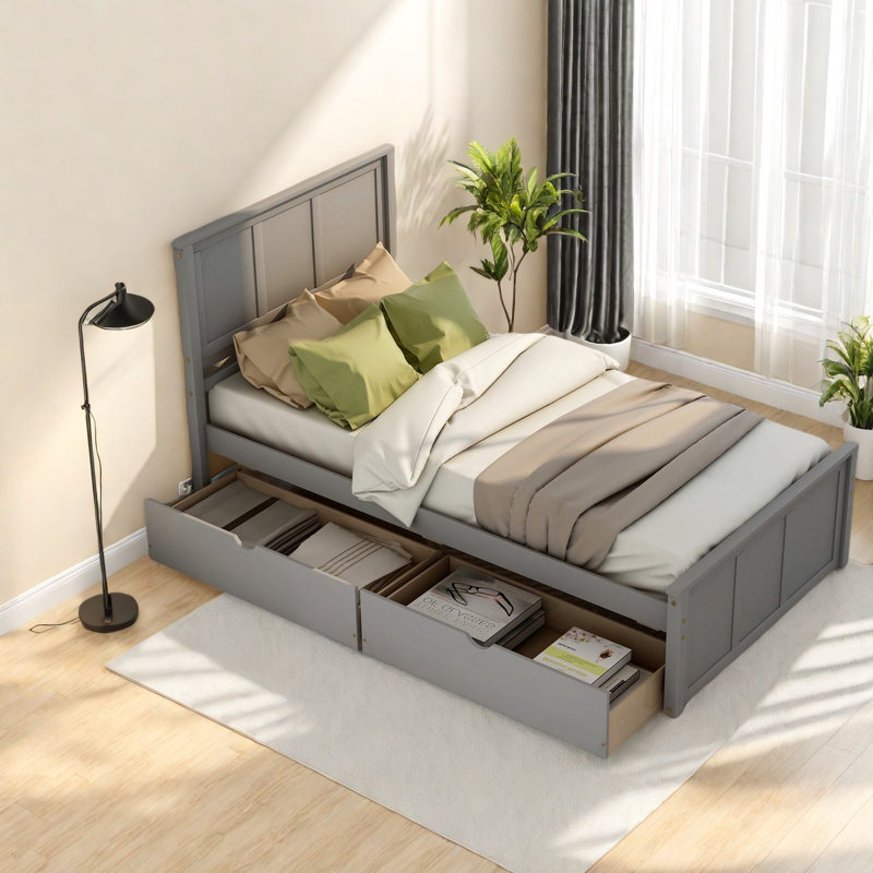 Lit plateforme avec rangement peu encombrant, structure en bois de pin, lit simple gris moderne pour la maison
