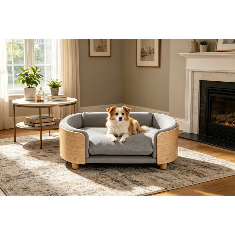 Lit pour chien surélevé de style scandinave avec pattes en bois massif et dossier en bois courbé, 9.85" H x 30.7" W x 20.8" D