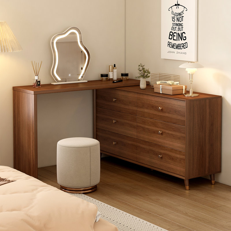 Bureau de coiffeuse avec miroir et lumières, commode de maquillage extensible en noyer Mid-Century de 50 à 90 pouces avec commode à 6 tiroirs de 47 pouces, coiffeuse en L et tabouret, brun