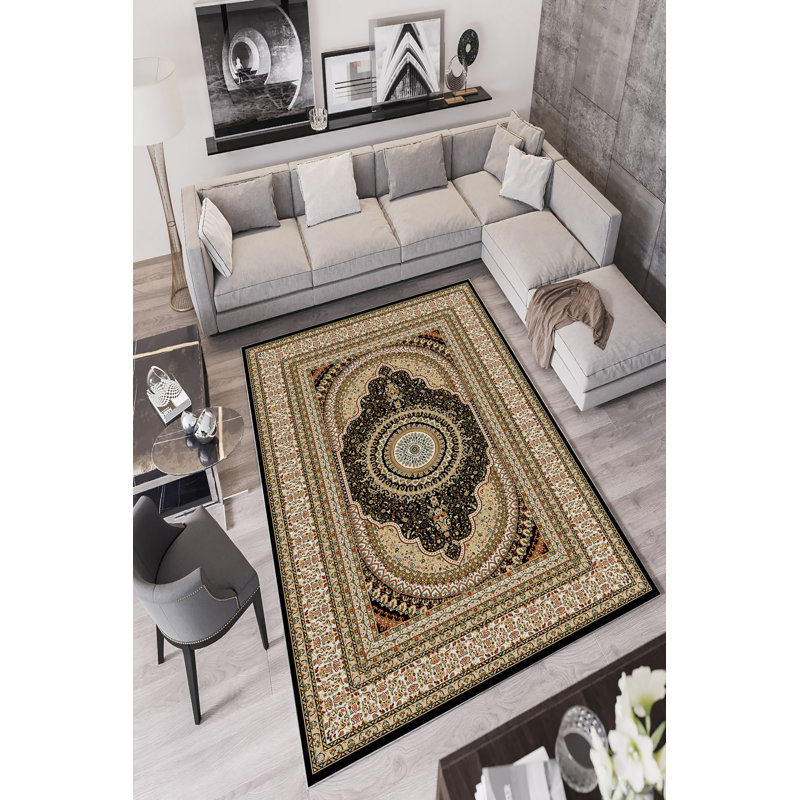 Eco-Friendly Area Rug (5.2 x 7.5 Feet), Ecru Color, 100% Polyester, 650 g/m² | Antibacterial, Digital Printed, Non-Slip PVC Dot Underside | Machine Washable, Perfect for Living Room & Bedroom Décor, Soft Pile Height: 0.2 Inches