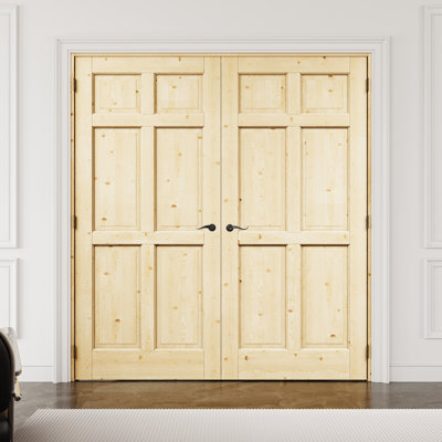 72" x 80" 6-Panel Pine Wood Interior French Door with Black Hardware & Latch & Door Lever, Natural Pine Wood, Paintable & Waterproof, Suit for Laundry, Closet Doors, Room Doors, Assembly Required