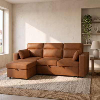 82.5" Mid-Century Modern Sectional Sofa with Pull-Out Bed, Storage Chaise & Cup Holders - Light Brown Fabric and Wood Frame