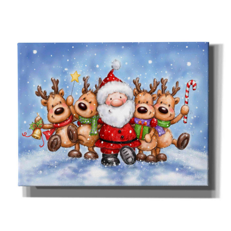 Santa With Reindeers by Makiko - Wrapped Canvas Print, 12" H x 16" W x 0.75" D