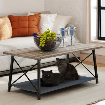 Logan Rectangular Metal Coffee Table with Wooden Top & Shelf Storage by Wade Logan