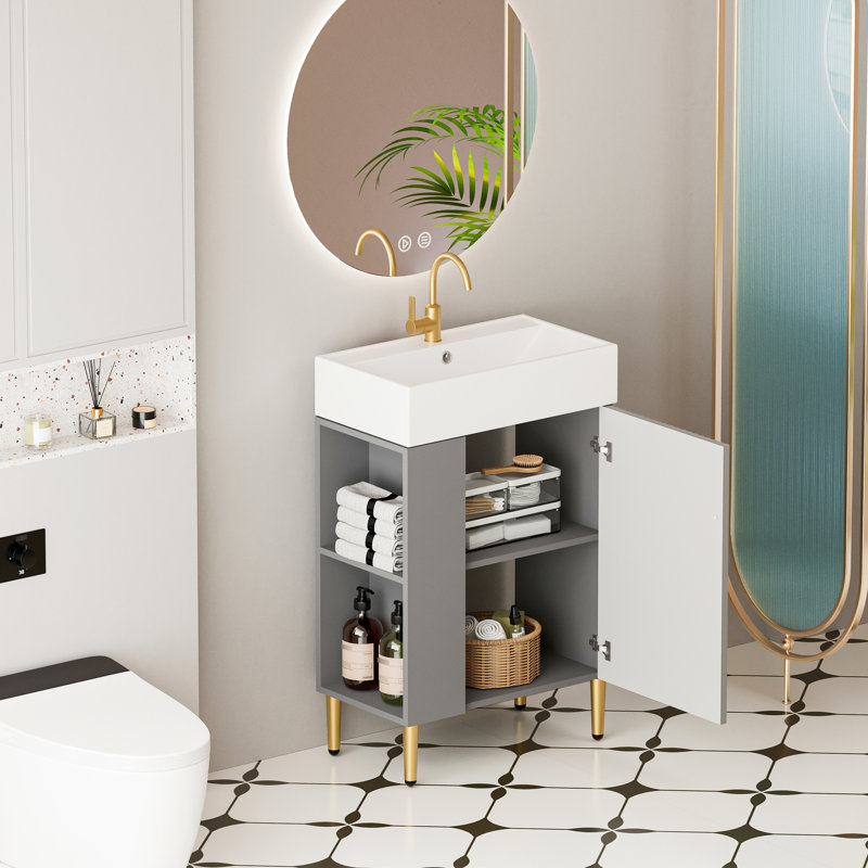 Meuble-lavabo contemporain de 21,6 po de couleur grise avec lavabo en céramique, porte à fermeture en douceur, rangement spacieux, construction imperméable, détails en cuivre brossé à motif ondulé et évier à rayures, bois