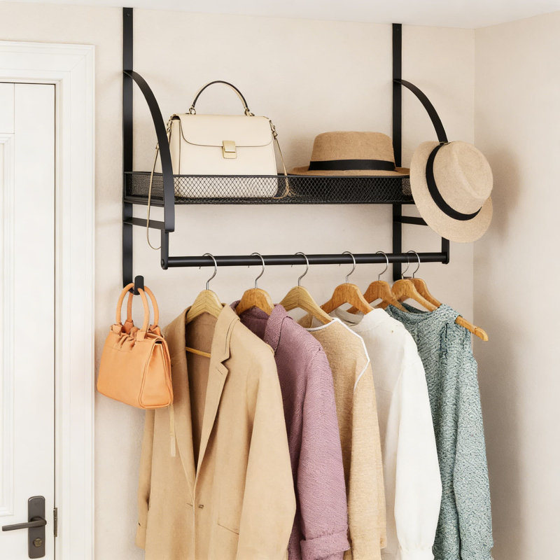 Over The Door Hanger With Storage Basket And Hooks, Sturdy Drying Rack And Organizer For Towels, Coats, And Clothes, Space-Saving Solution For Bathroom, Laundry, And Dorm Rooms