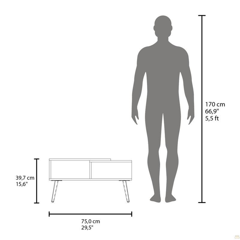 Table basse 29 "de large avec trois tablettes, rectangulaire