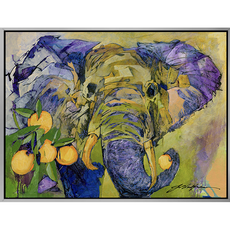 Éléphant et oranges, estampe numérique limitée par yuval wolfson, encadré 30 x 24