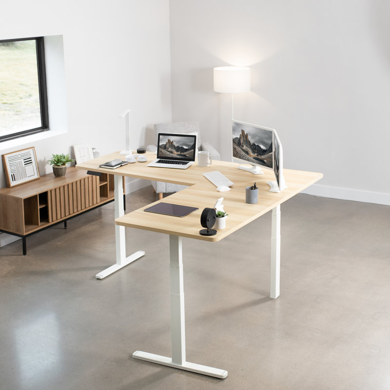 VIVO Electric 77" x 71" Corner Stand Up Desk, 3E7B Series, Light Wood/White