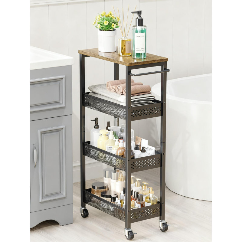 4-Tier Slim Rolling Storage Cart With Wood Top, Narrow Space Organizer For Bathroom, Kitchen, Laundry Room, Durable Metal Utility Cart With Wheels For Small Spaces