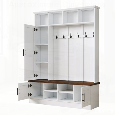 Versatile 3-in-1 Hall Tree with 6 Hooks, Farmhouse Walnut Storage Bench, 55 Inch Wide Entryway Coat Rack with Adjustable Shelves for Mudroom and Hallway