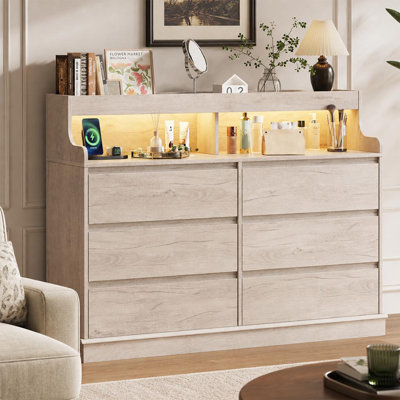6-Drawer Dresser with LED Lights & Charging Station, Modern Wide Chest with Open Shelf, Large Storage Cabinet for Bedroom, Living Room, or Hallway