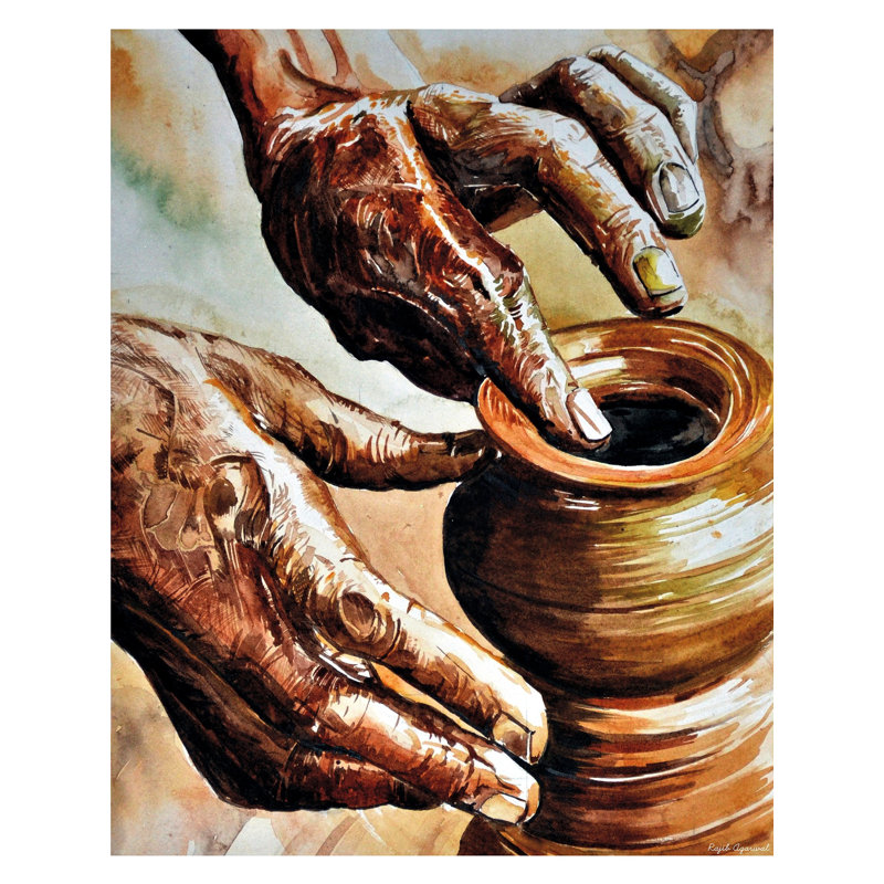 Mains froissées dans la fabrication de pots | Aquarelle sur papier | Par Rajib Agarwal