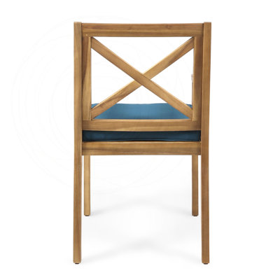 Set of 2 Wooden Dining Chairs with Blue Cushions