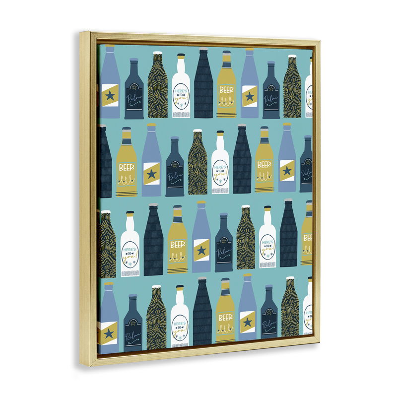 "Arranged Beer Bottles", art mural encadré par Angela Nickeas, H 31 po x l 25 po, Cadre flottant métallique doré