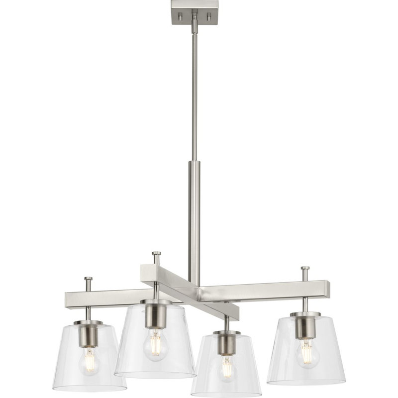 Nouveau lustre traditionnel en verre transparent à quatre lumières, Nickel brossé