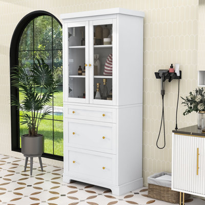 Grande armoire de rangement moderne avec portes en verre, tablettes et tiroirs