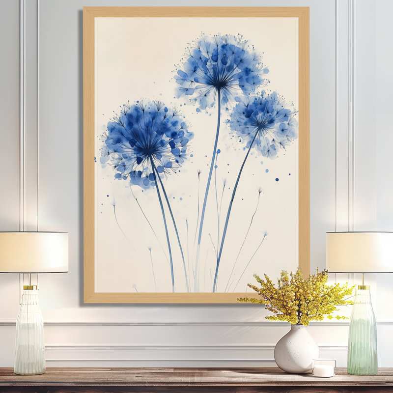 Souhait de pissenlit bleu - Tableau encadré à motif floral, H 20 po x l 12 po, Cadre naturel