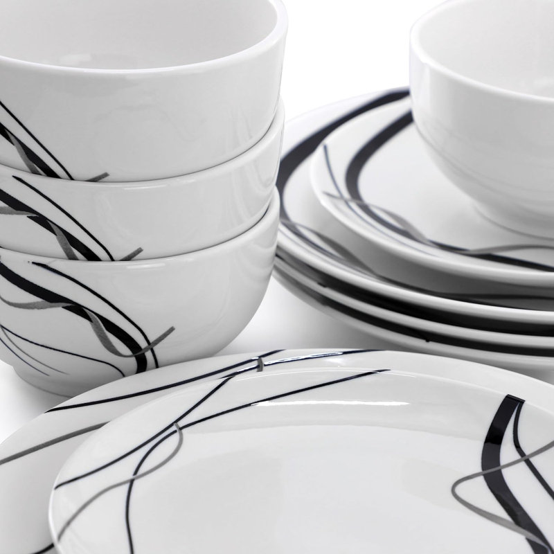 Service de vaisselle en porcelaine pour 4, assiettes et bols en ruban noir et blanc, ensemble de vaisselle allant au micro-ondes et au lave-vaisselle 12 pièces