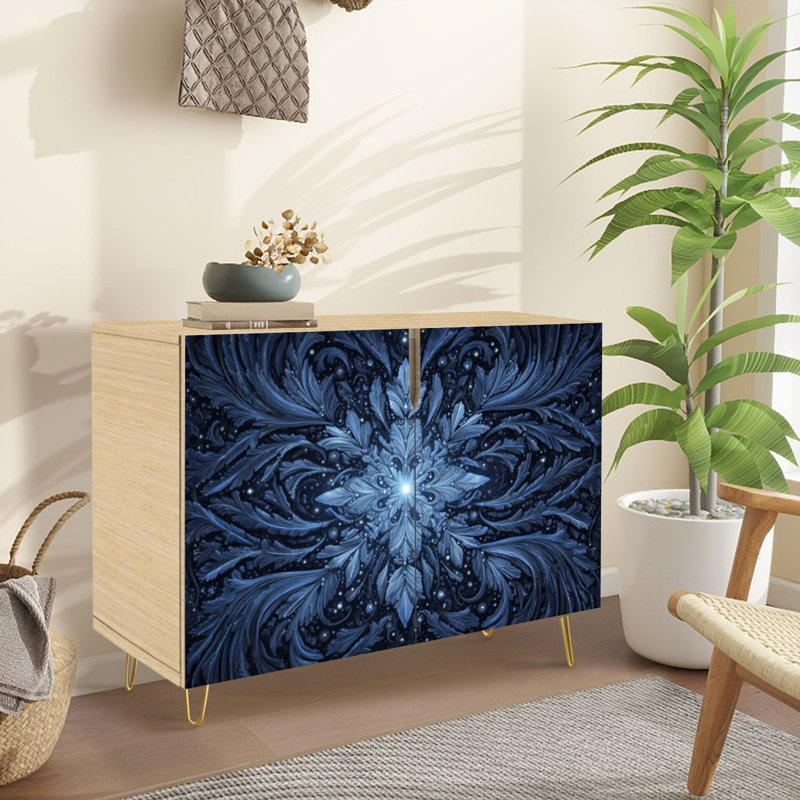 Buffet Buffet avec rangement Élégant ornement flocon de neige à motif floral blanc et bleu complexe avec 2 portes pour le salon et la cuisine