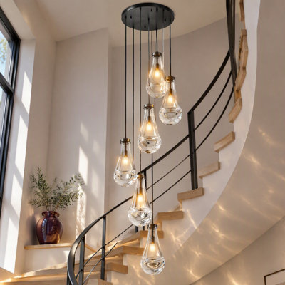 7-Light Modern Black Raindrop Pendant Light, Clear Solid Glass Teardrop Chandelier for Kitchen Island