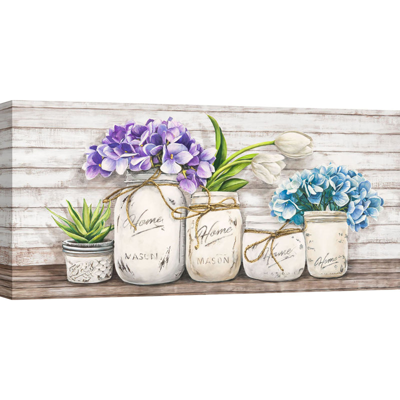 Flowers in Mason Jars 1 Piece Wrapped Canvas Painting, 35cm H x 70cm W x 4cm D
