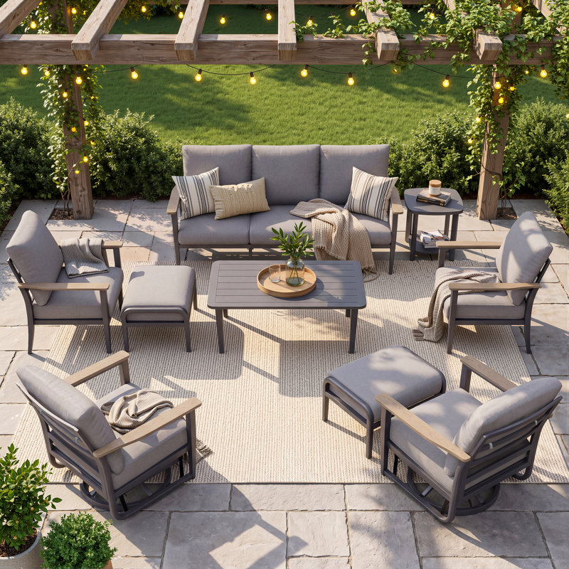 Ensemble de conversation d'extérieur pour 9 personnes avec chaises berçantes et repose-pieds pivotants en aluminium, Grey