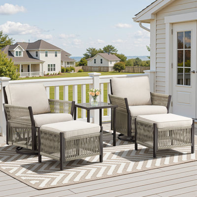 5 Piece Outdoor Patio Set, All-Weather Rattan Patio Swivel Glider Chairs Set Of 2 With Removable Cushions, 2 Ottomans, And A Side Table, Outdoor Conversation Set For Patio, Porch, Backyard