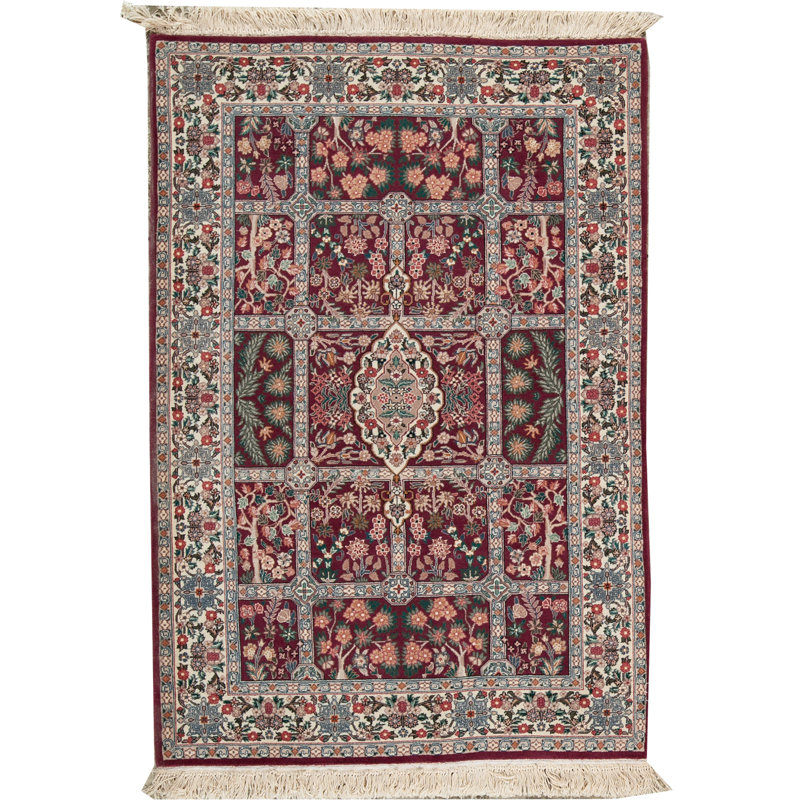 Tapis vert, rouge et crème noué à la main de haute qualité