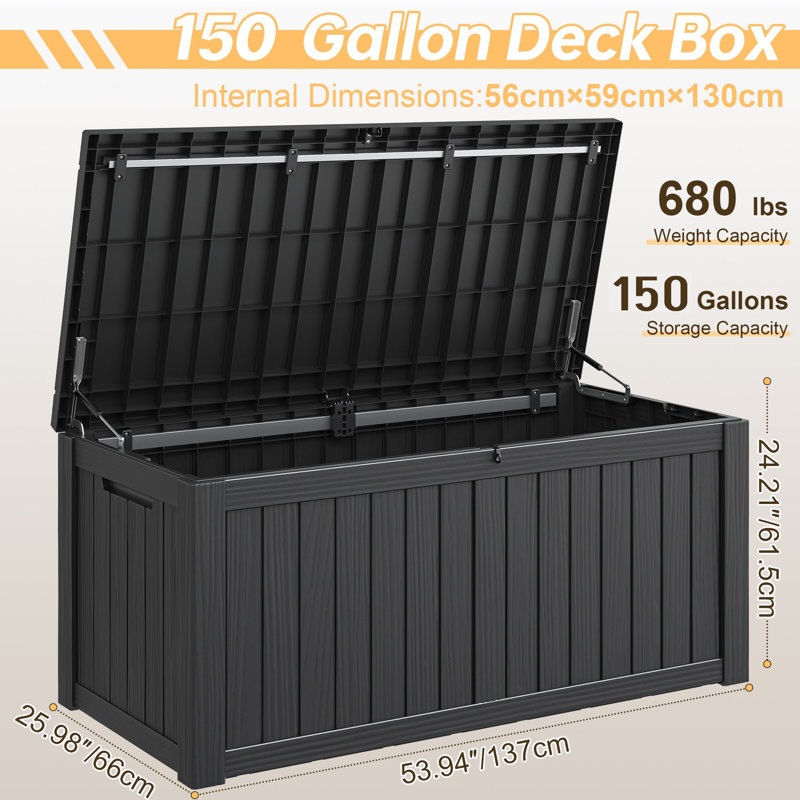 150Gallon Large Resin Deck Box With Waterproof And Lockable Lid For Outdoor, Black