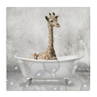 Baby Giraffe Bath Time Cute Animal Design Oversized Stretched Canvas Wall Art by Kim Allen