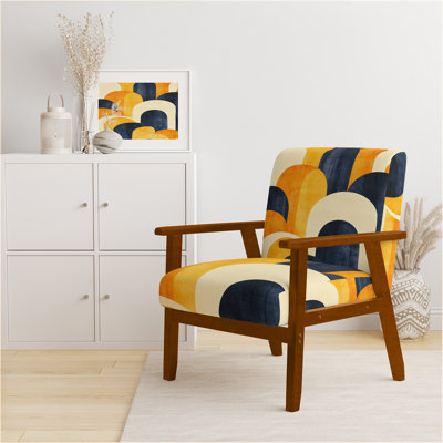 Chaise abstraite rembourrée - Jeu audacieux en arc de moutarde et fauteuil bleu III