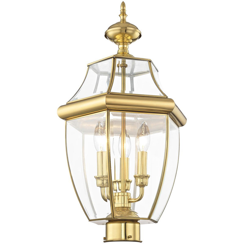 3-Light White Outdoor Post Lantern Pendant: Clear Glass Shade, Polished Brass